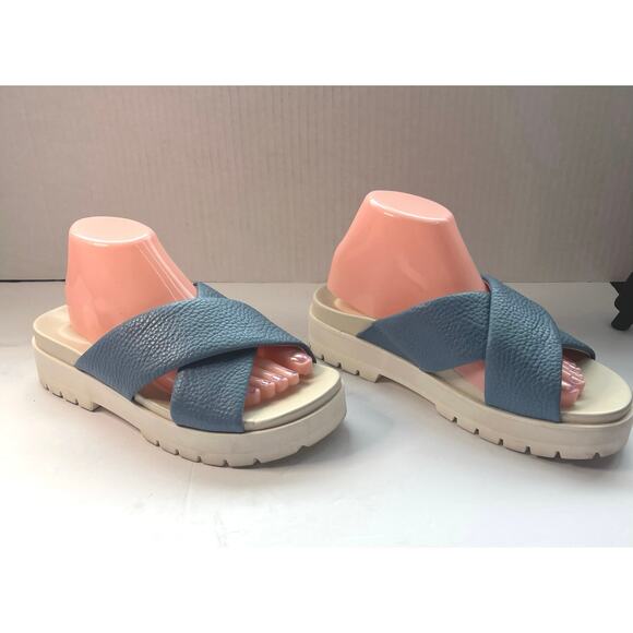 Vionic Vesta Pebbled Blue Leather CrissCross Slide On Comfort Platform Sandals 9 - Picture 4 of 12